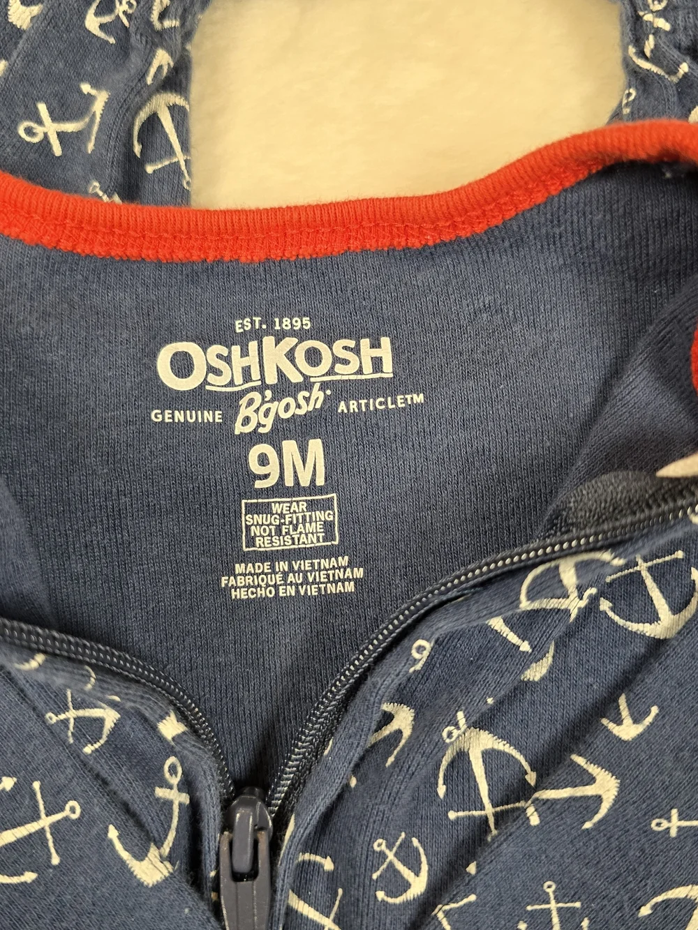 OshKosh B'gosh Navy Anchor Zip Footie with Red Trim